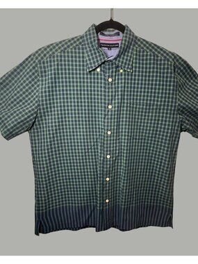 Tommy Hilfiger Green & Navy Plaid Short-Sleeve Button-Up Shirt Mens L 100% Cotto